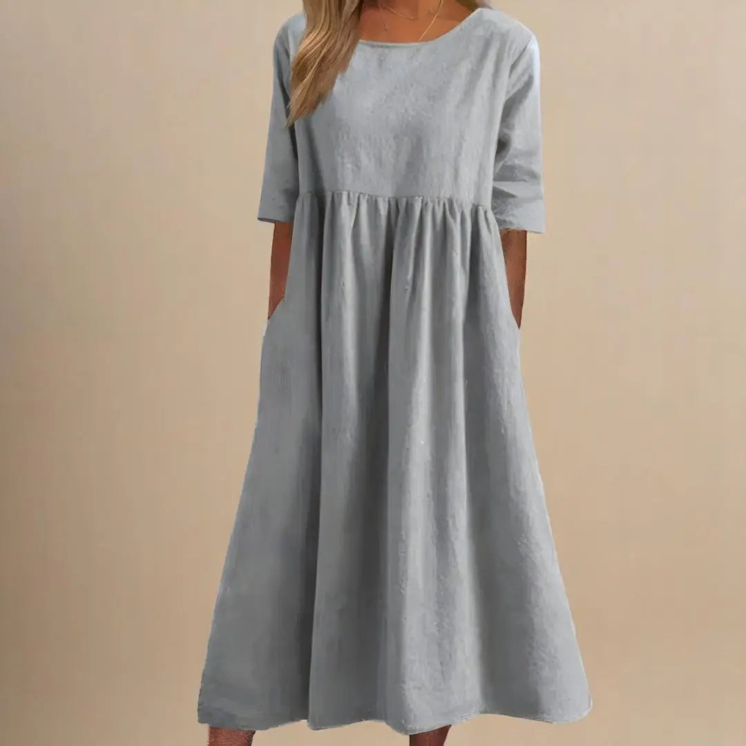 Midi Dress Gathered Waist Linen Half Sleeve - Light Gray