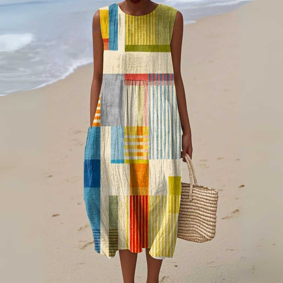 Midi Dress Geometric Patchwork Sleeveless Summer - Multicolor