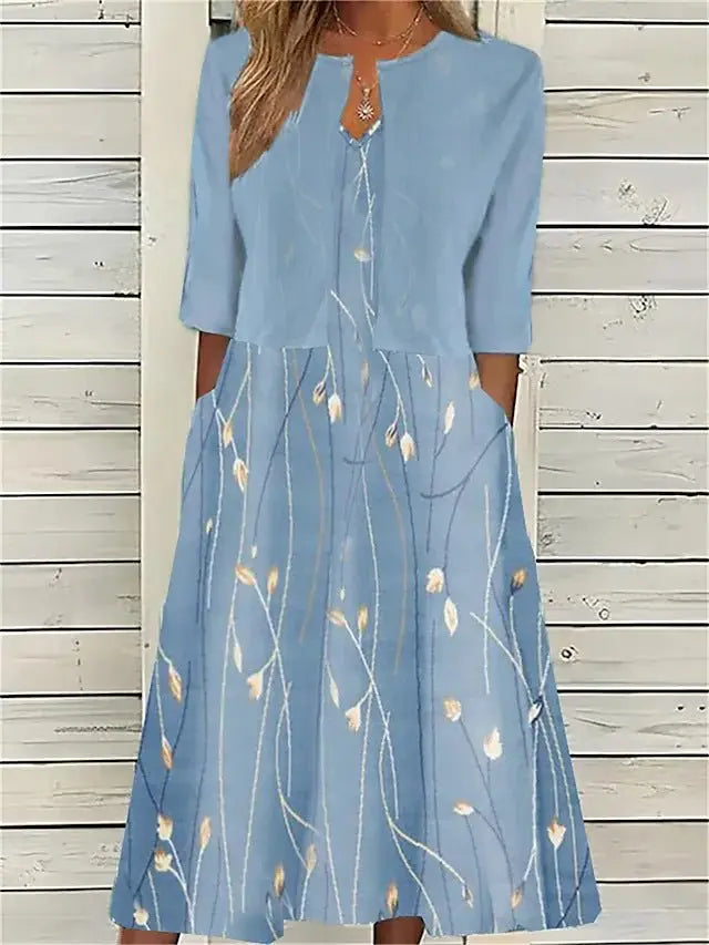 Midi Dress Half Sleeves Round Neck Floral Pattern
