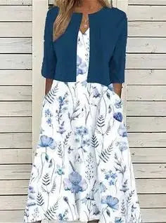 Midi Dress Half Sleeves Round Neck Floral Pattern - Dunkelblau