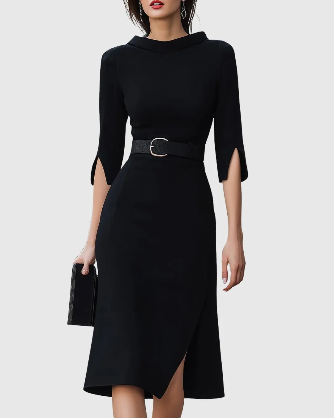 Midi Dress High Neck Belted Waist Split Sleeve Detail