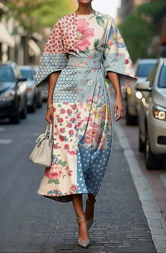 Midi Dress Kimono Sleeve Embroidered Belted - Light Blue