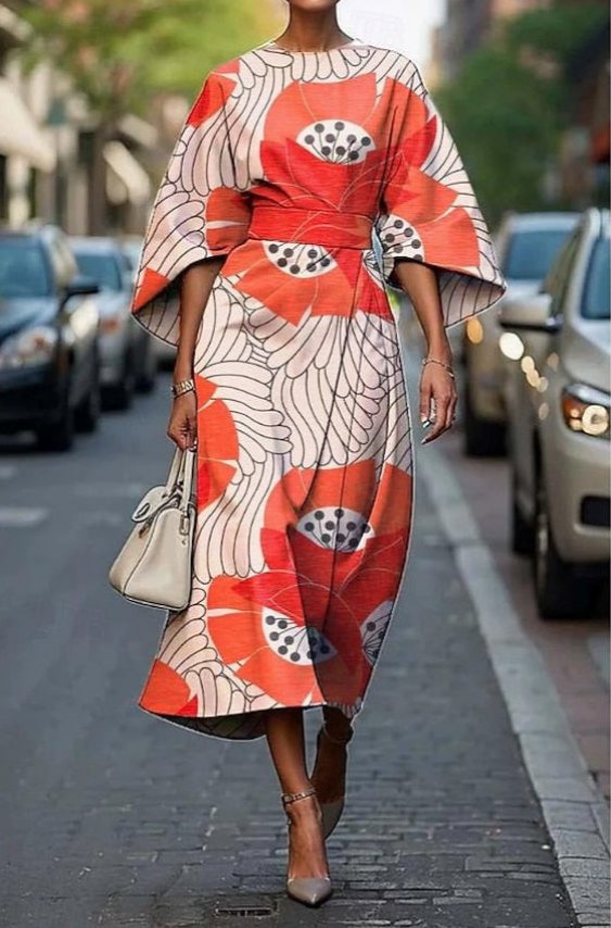 Midi Dress Kimono Sleeve Embroidered Belted - Orange