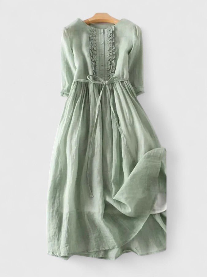 Midi Dress Lace-Up Back Cotton Linen - Green
