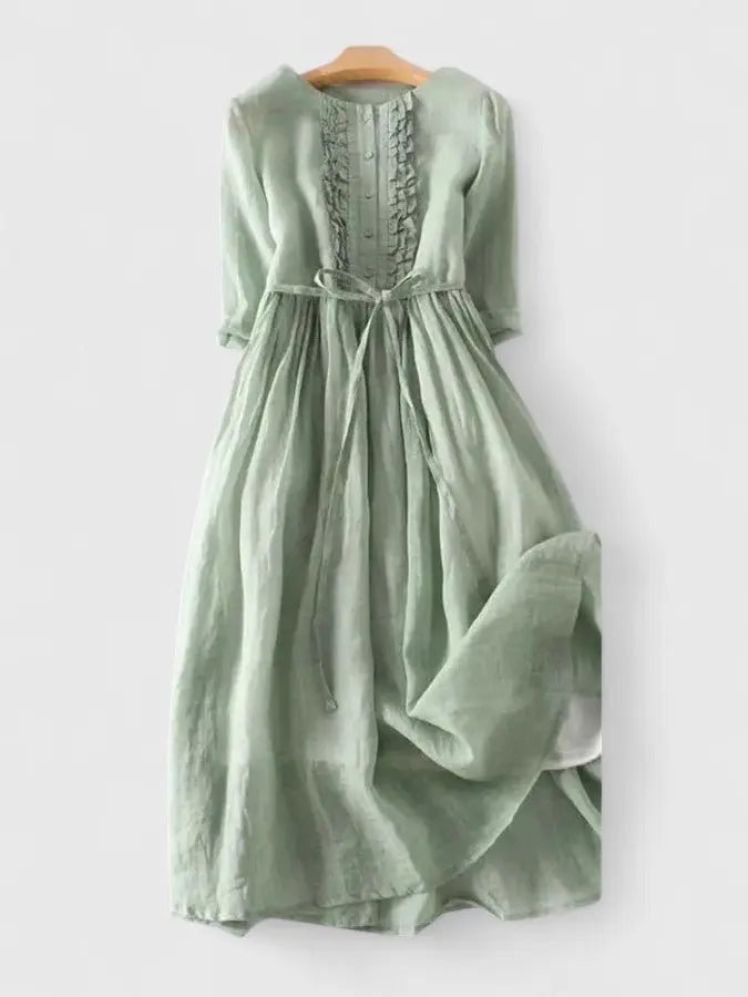 Midi Dress Lace-Up Back Cotton Linen - Green