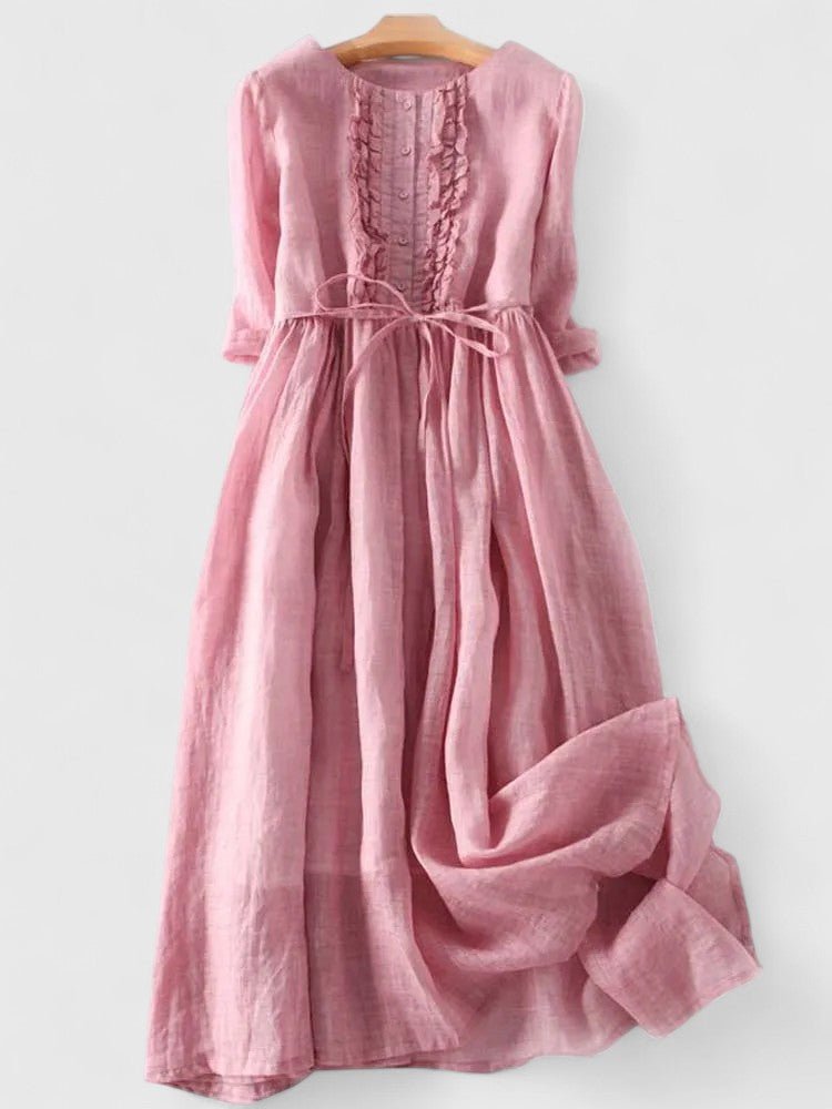Midi Dress Lace-Up Back Cotton Linen - Pink