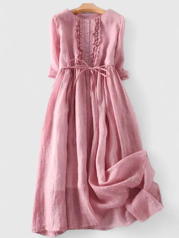 Midi Dress Lace-Up Back Cotton Linen - Pink
