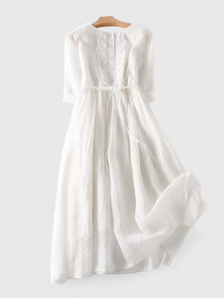 Midi Dress Lace-Up Back Cotton Linen - White