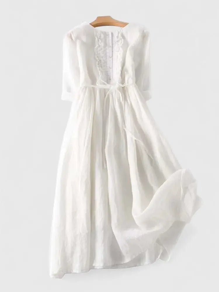 Midi Dress Lace-Up Back Cotton Linen - White