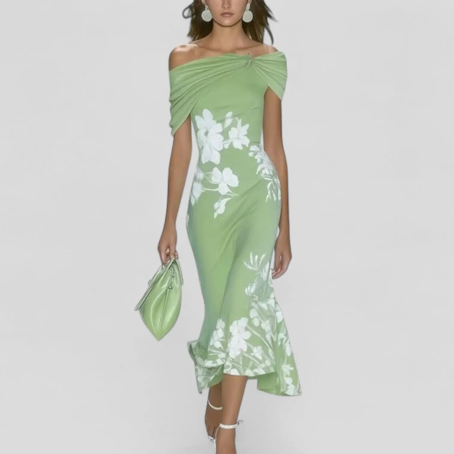 Midi Dress Off-Shoulder Floral Print Twist Front - Green