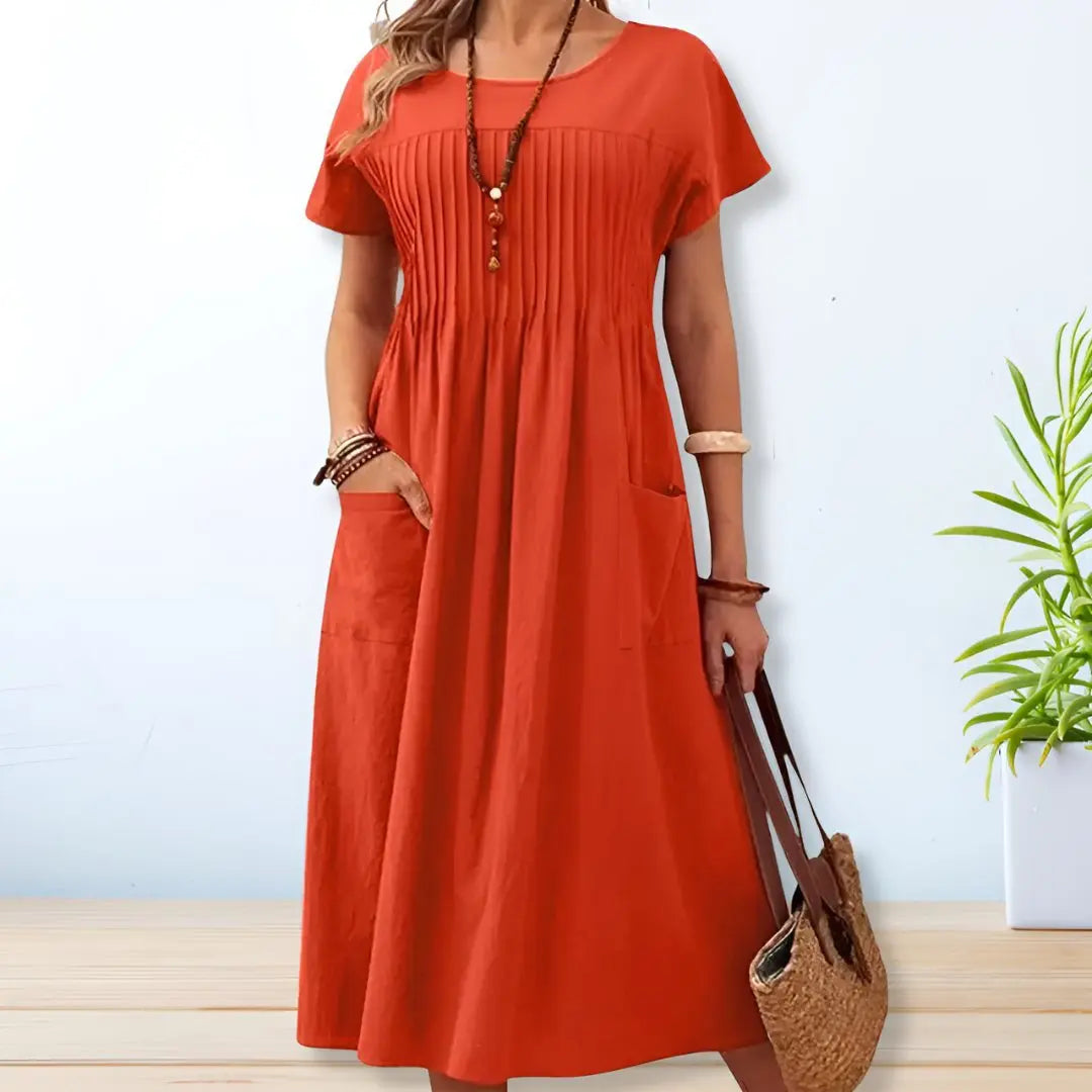 Midi Dress Relaxed Fit Short Sleeve Pleated Front Pockets - Orange