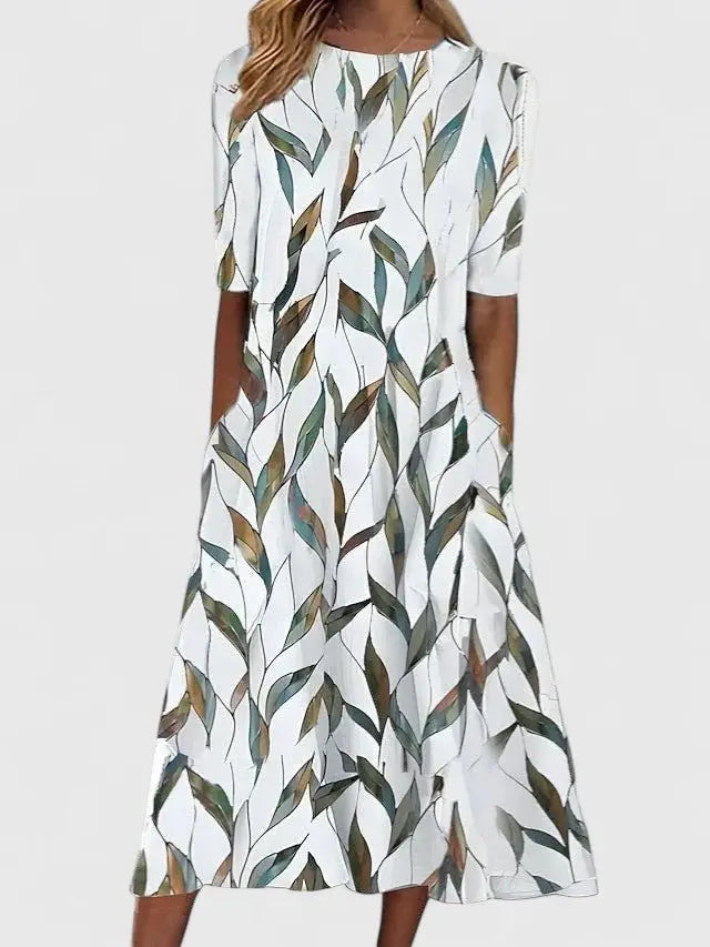 Midi Dress Round Neck Floral Print Short Sleeve - Green
