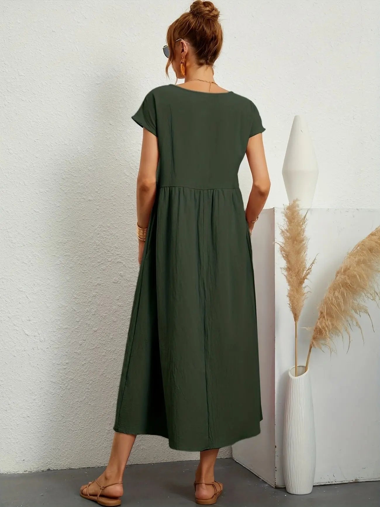 Midi Dress Round Neck Short Sleeve Pleated Empire Waist