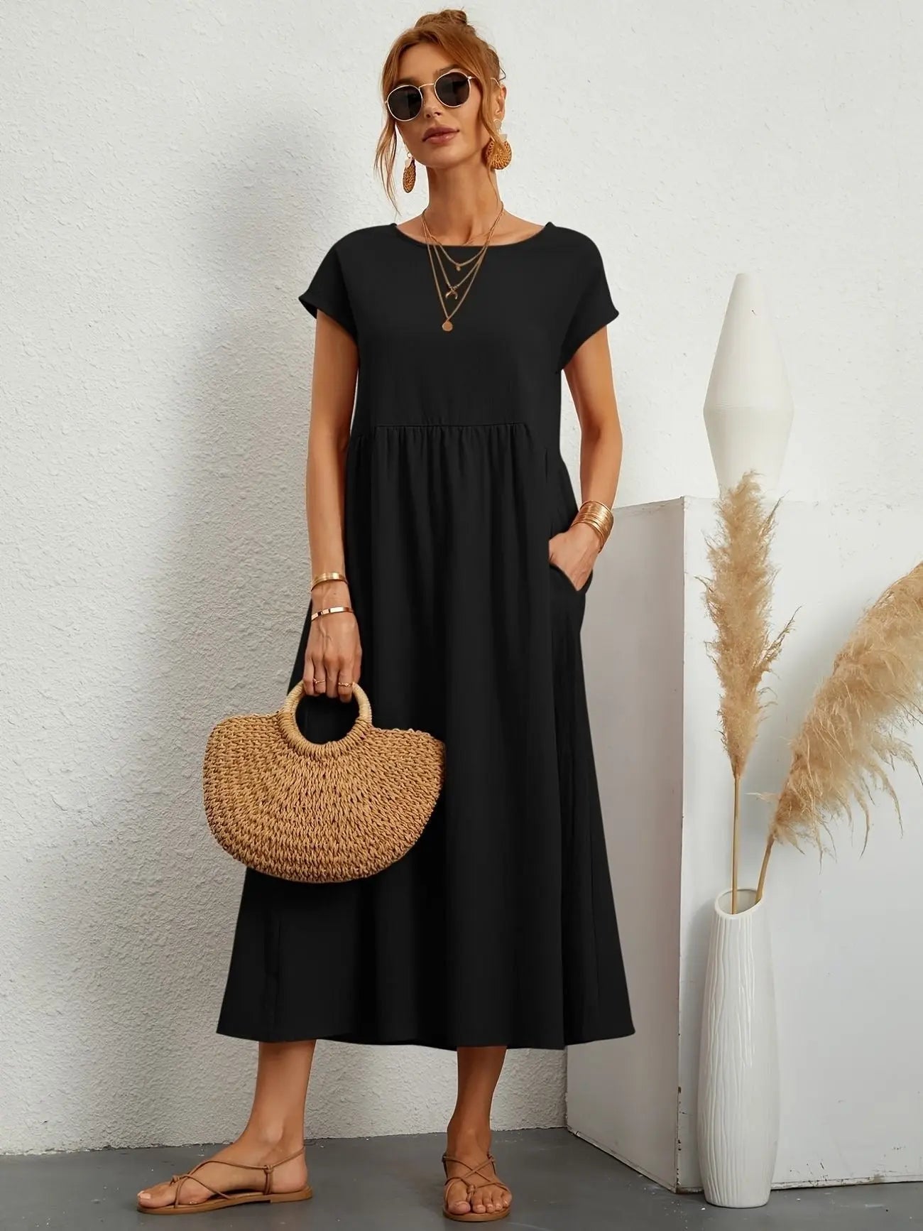 Midi Dress Round Neck Short Sleeve Pleated Empire Waist - Black