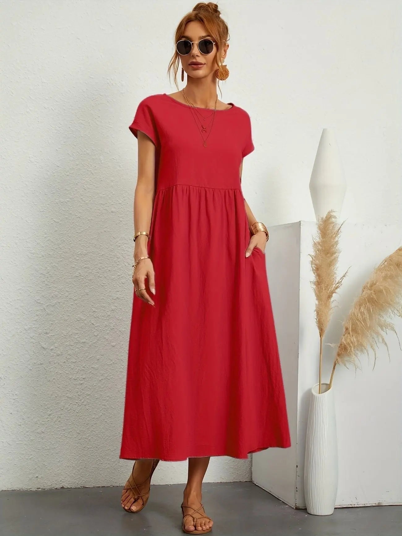 Midi Dress Round Neck Short Sleeve Pleated Empire Waist - Red