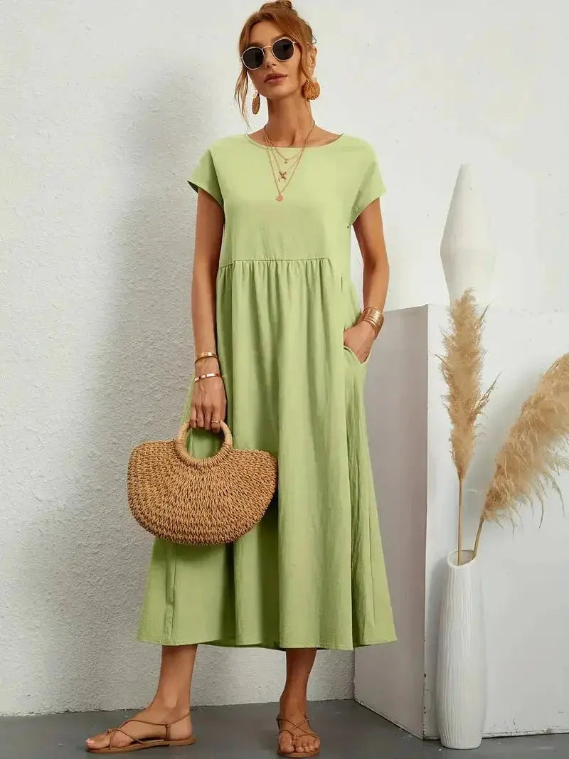 Midi Dress Round Neck Short Sleeve Pleated Empire Waist - Green