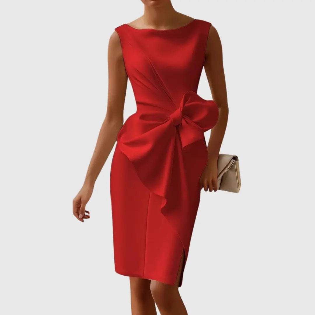 Midi Dress Sleeveless Bow Detail Boat Neckline Formal - Red