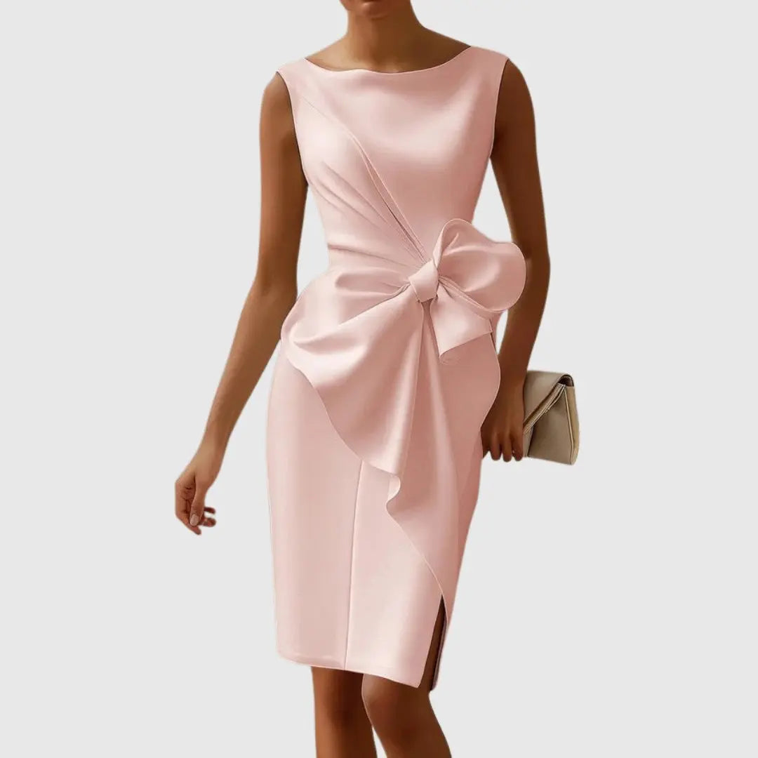 Midi Dress Sleeveless Bow Detail Boat Neckline Formal - Pink