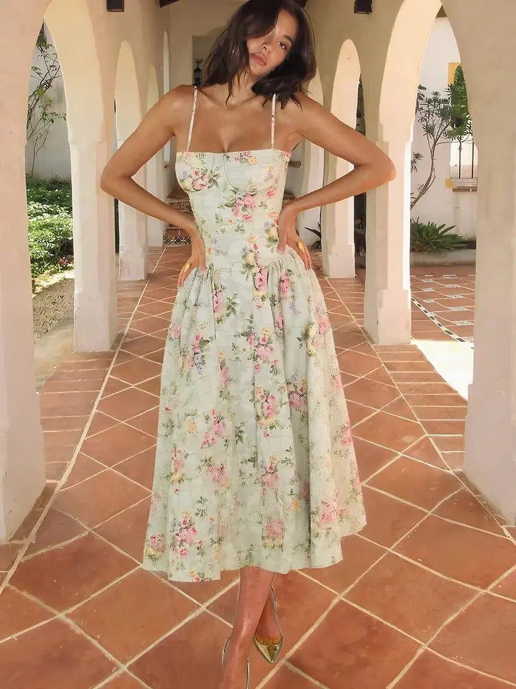 Midi Dress Sleeveless Corset Floral Print Strappy - Green