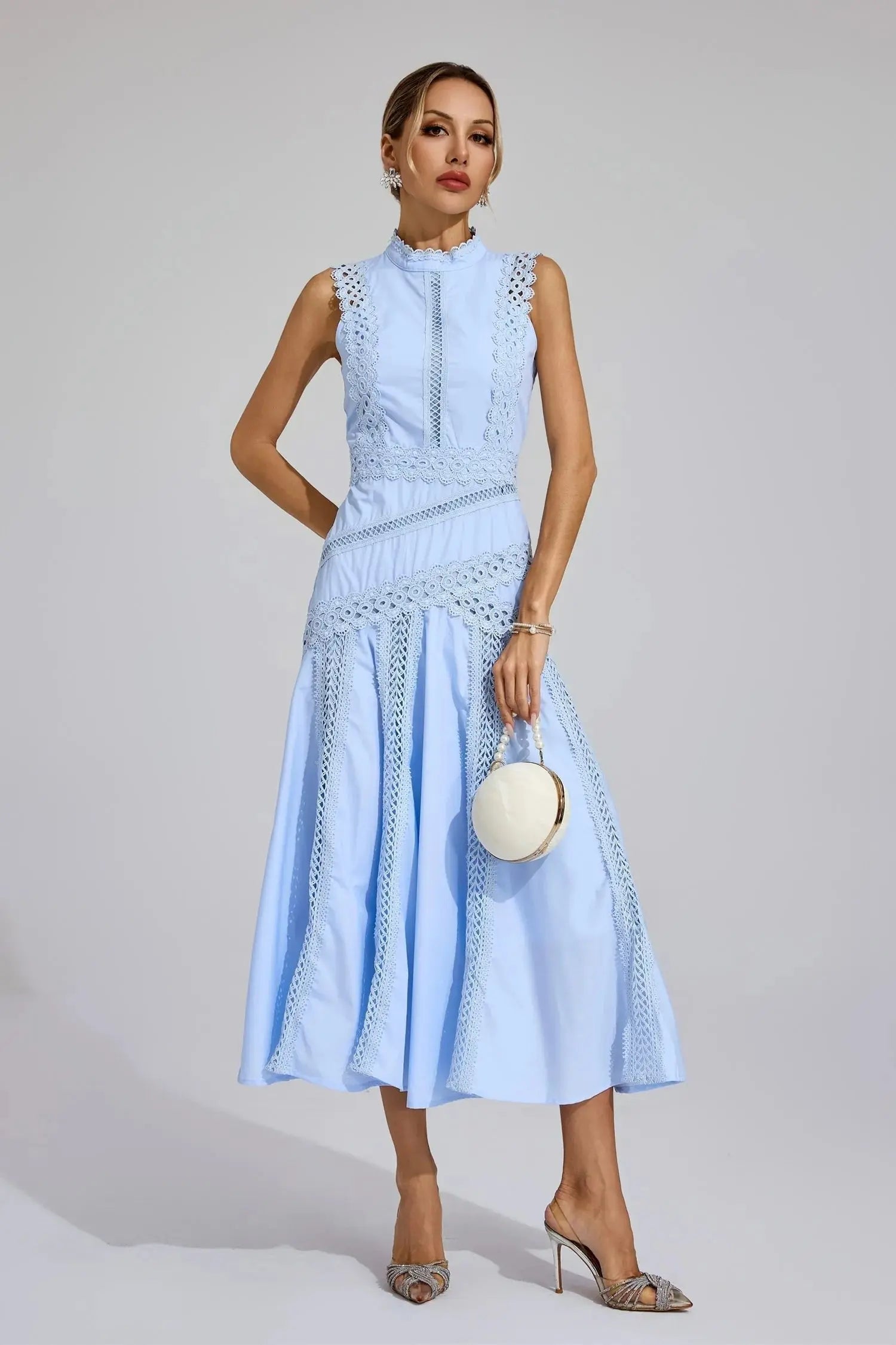 Midi Dress Sleeveless High Neck Lace Panel Flared - Blue
