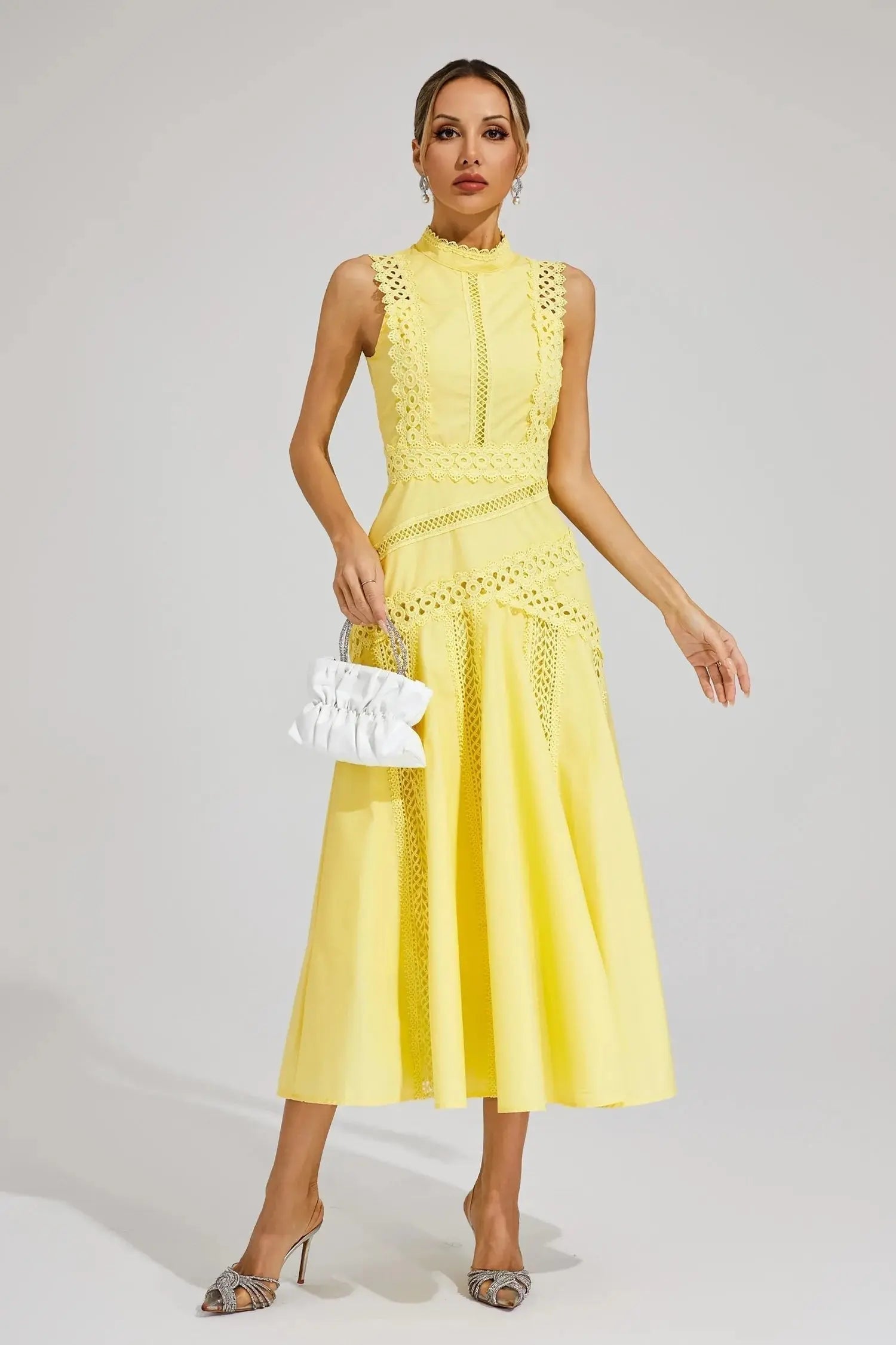 Midi Dress Sleeveless High Neck Lace Panel Flared