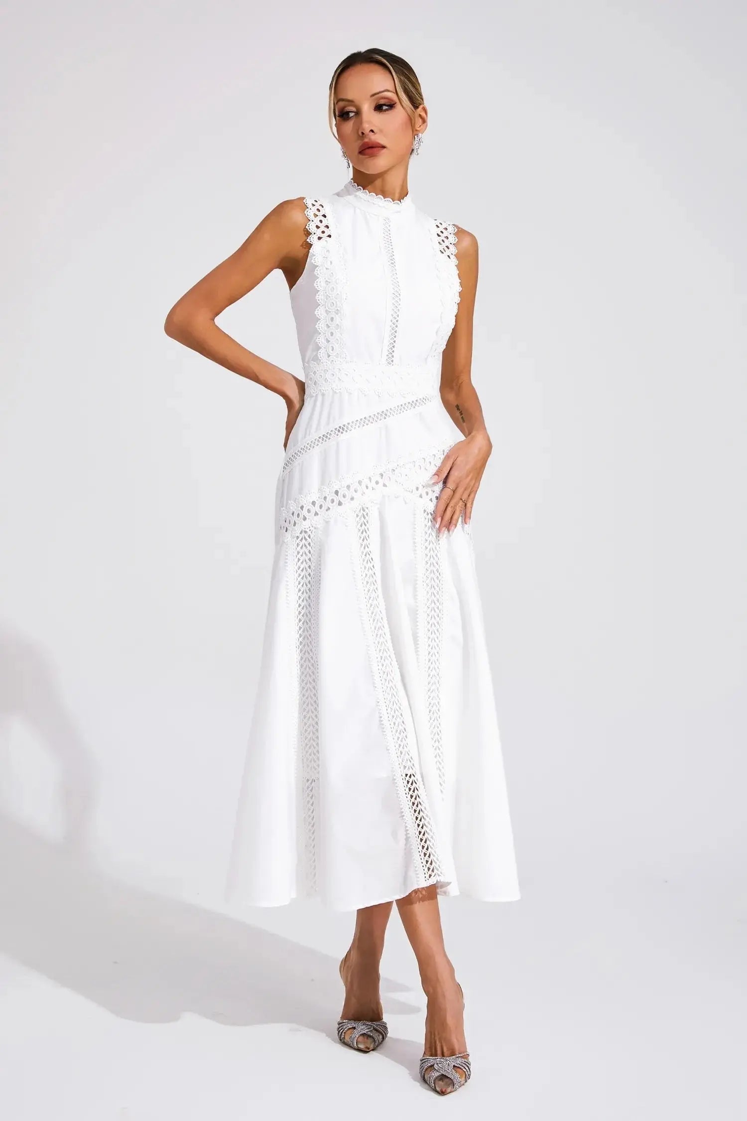 Midi Dress Sleeveless Lace Panel High Neck Flared - White