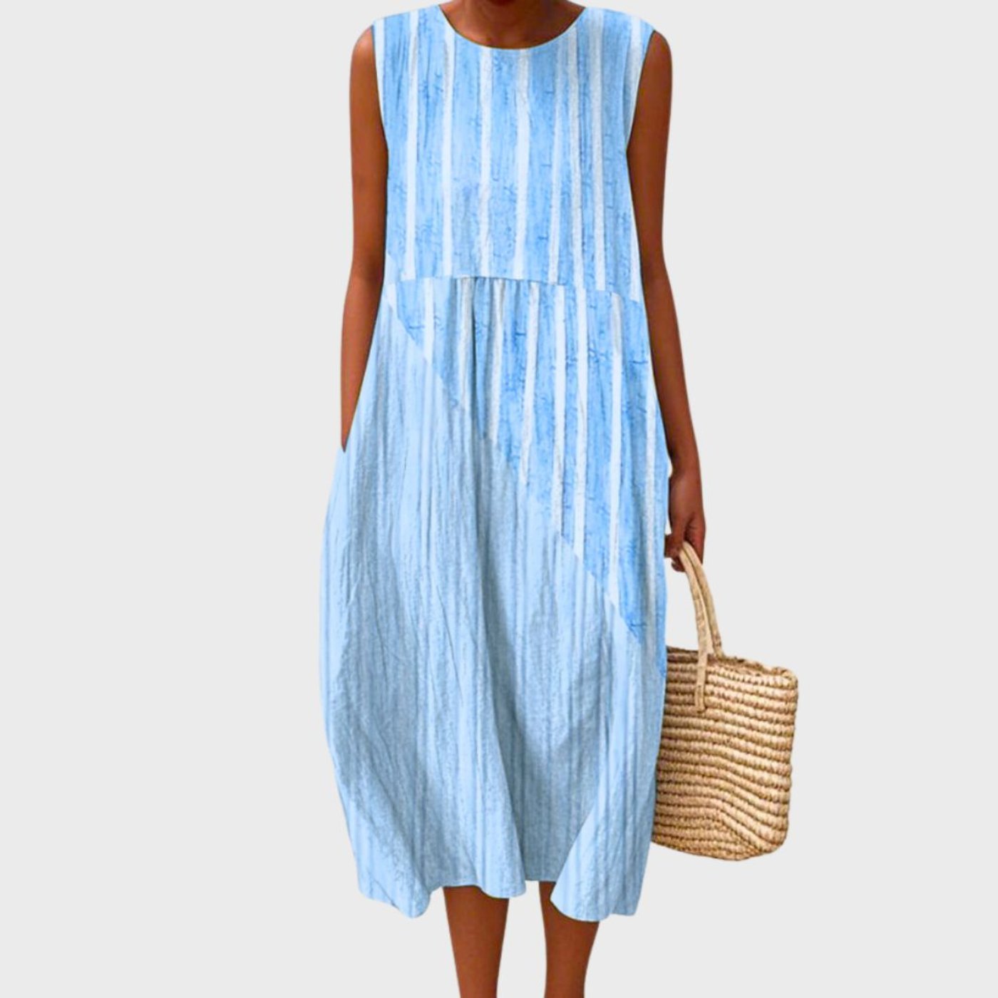 Midi Dress Sleeveless Linen Tiered - Light Blue 2