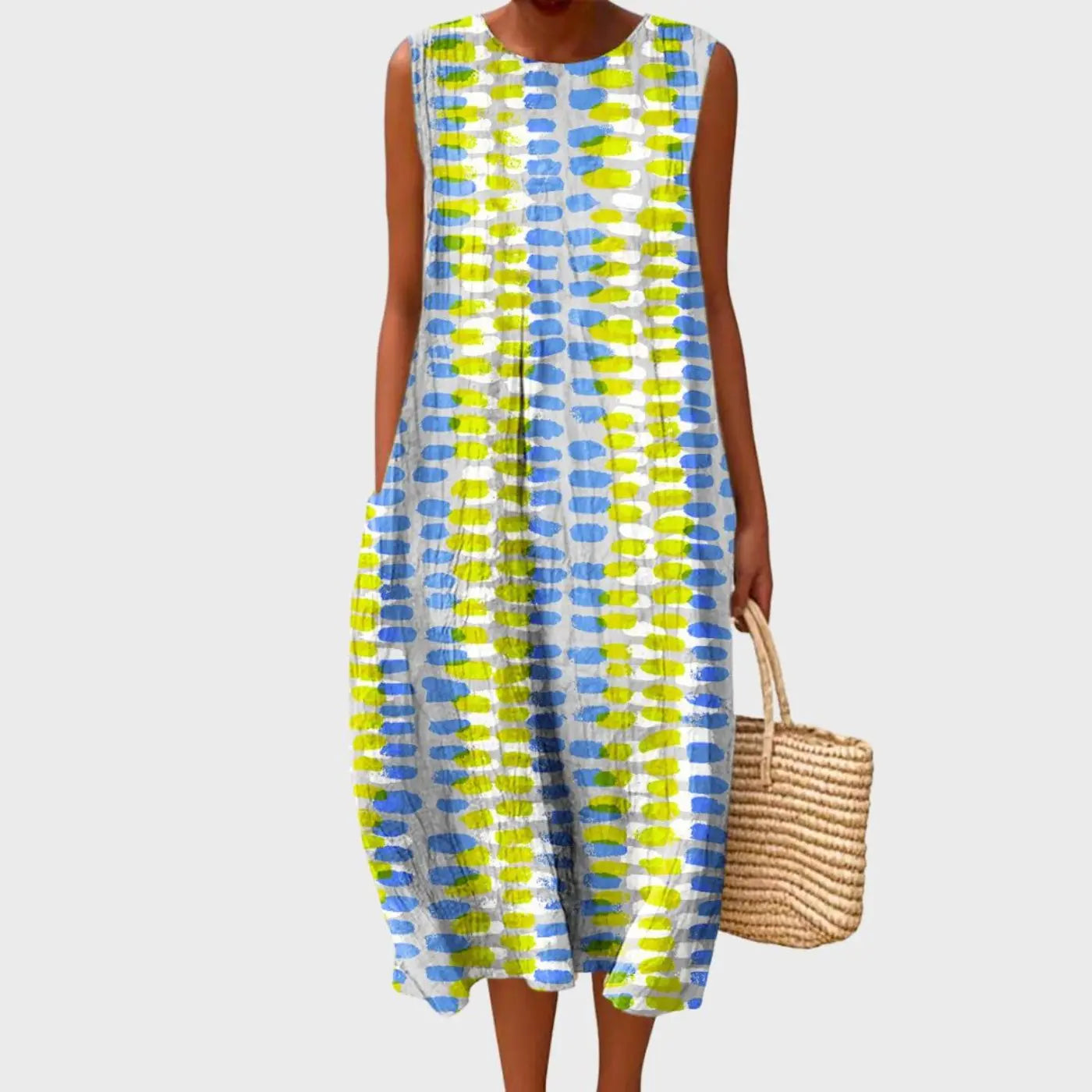Midi Dress Sleeveless Linen Tiered - Light Gray