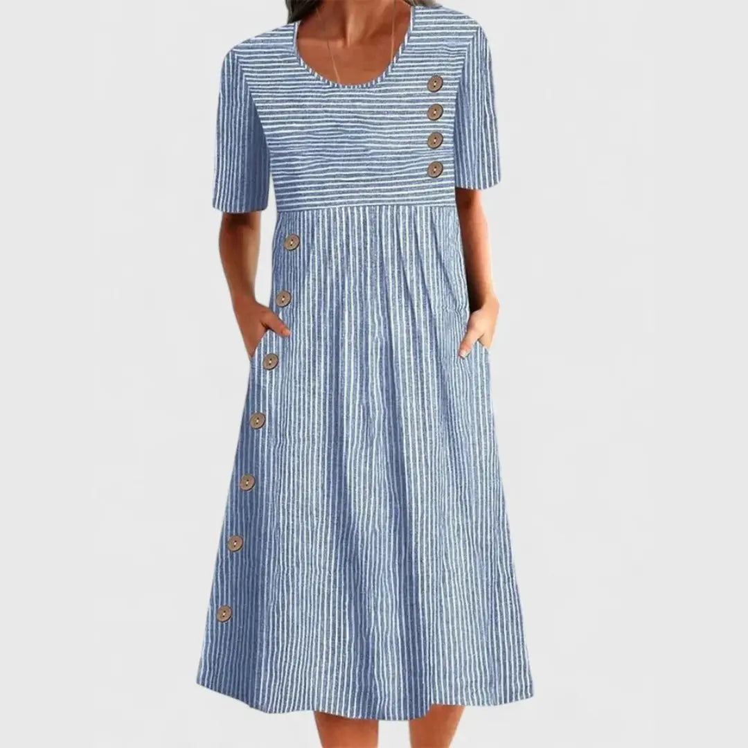 Midi Dress Striped Button Front Short Sleeve Pockets - Blue