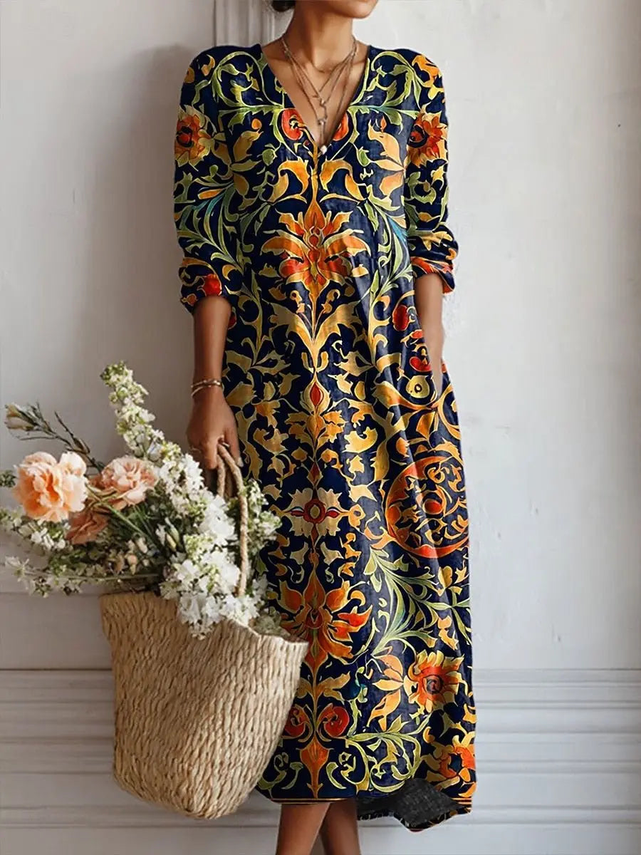 Midi Dress V-Neck Baroque Print Bohemian Cotton