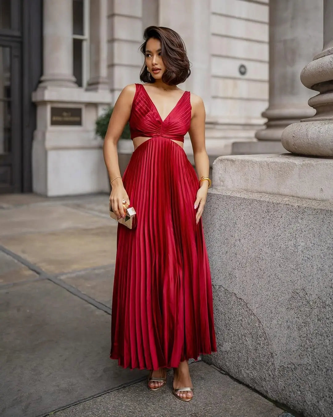 Midi Dress V-Neck Cut-Out Pleated Wedding Guest - Red