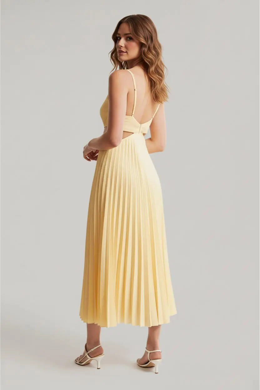 Midi Dress V-Neck Cut-Out Pleated Wedding Guest