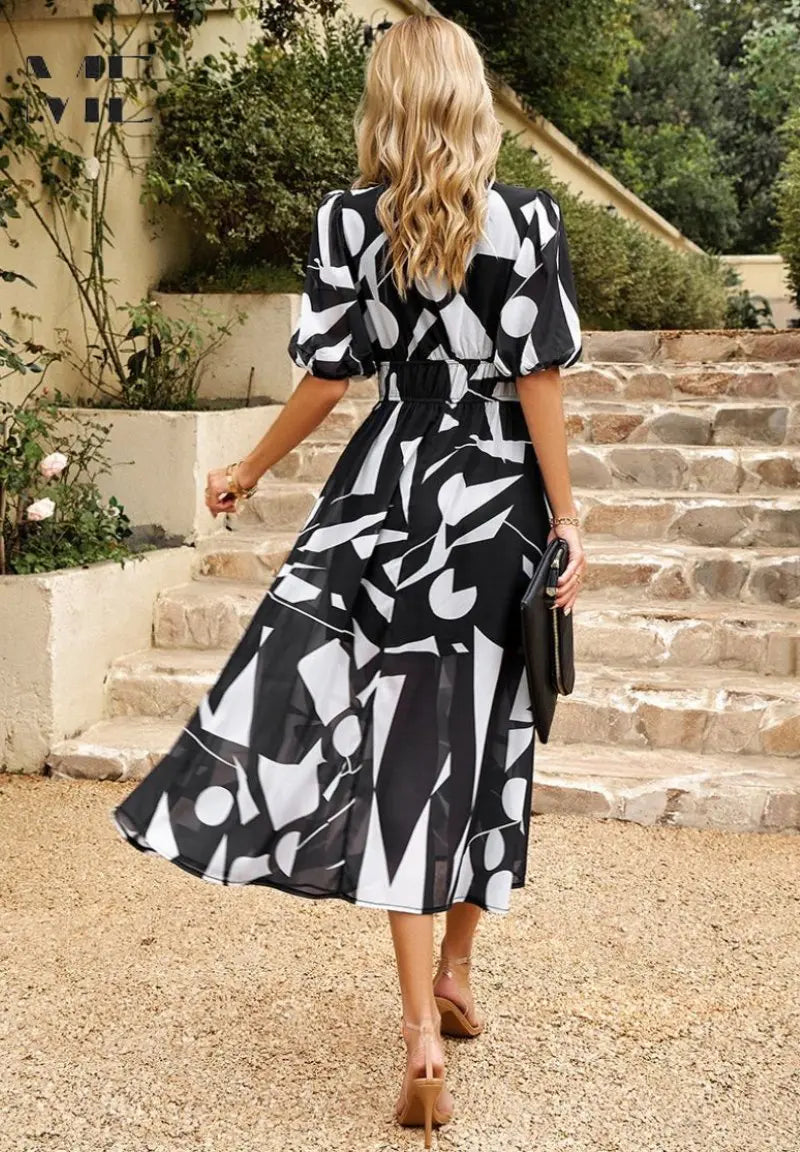 Midi Dress V-Neck Floral Print Short Sleeve Summer