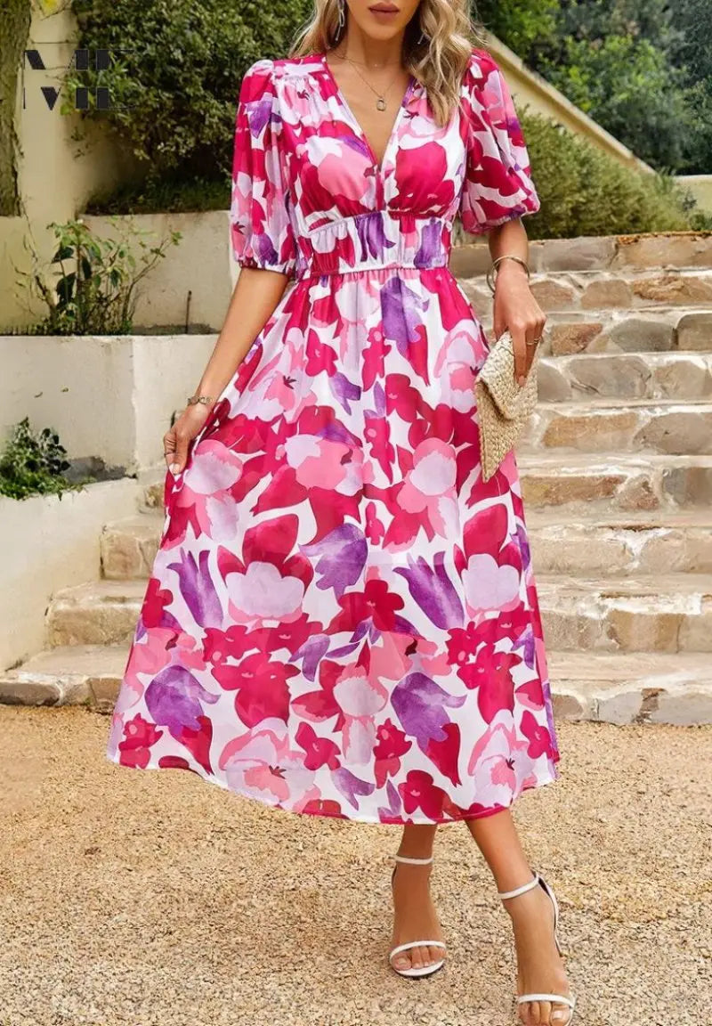 Midi Dress V-Neck Floral Print Short Sleeve Summer