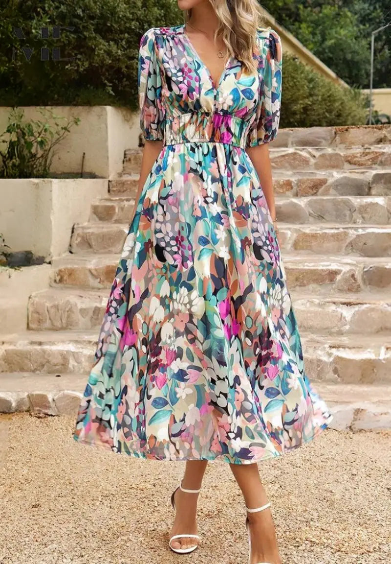 Midi Dress V-Neck Floral Print Short Sleeve Summer