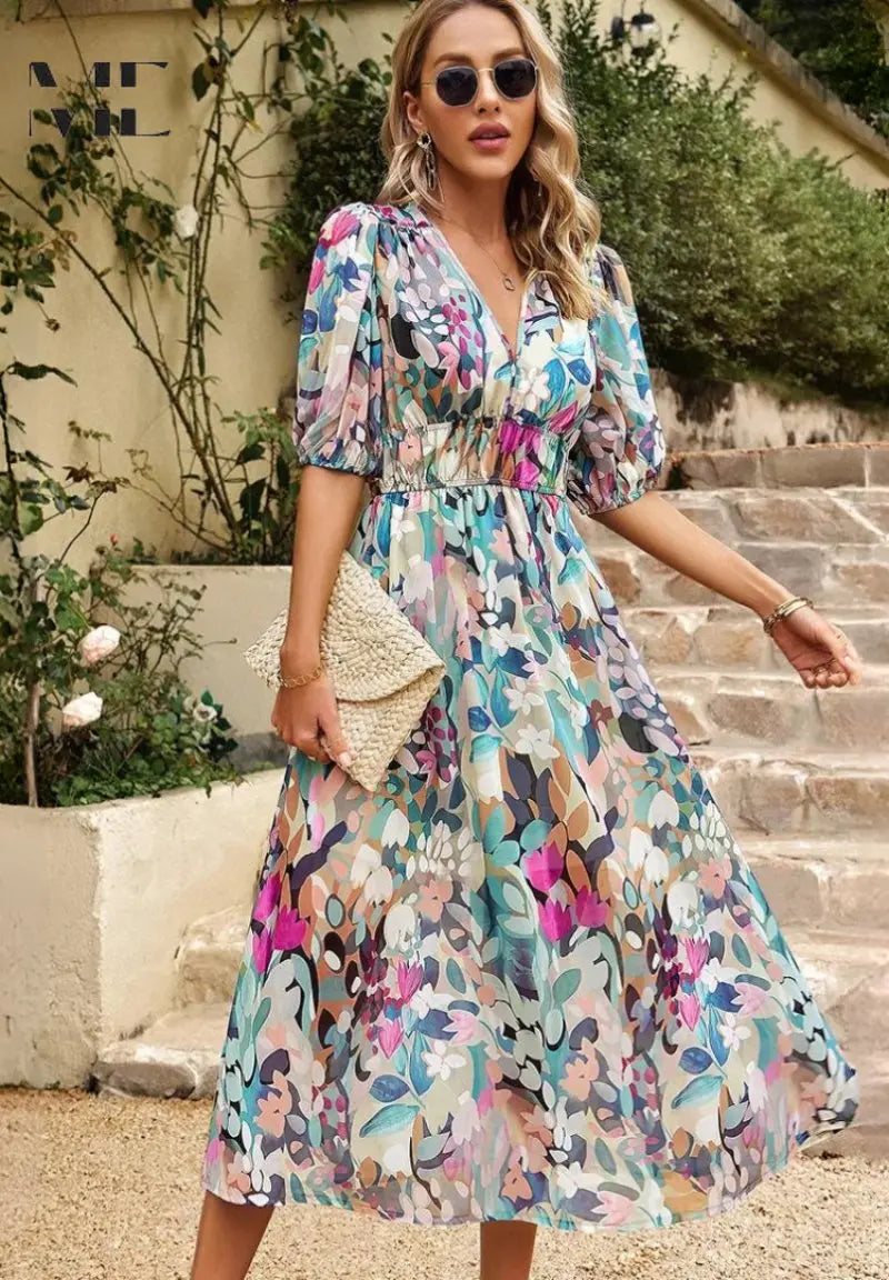Midi Dress V-Neck Floral Print Short Sleeve Summer