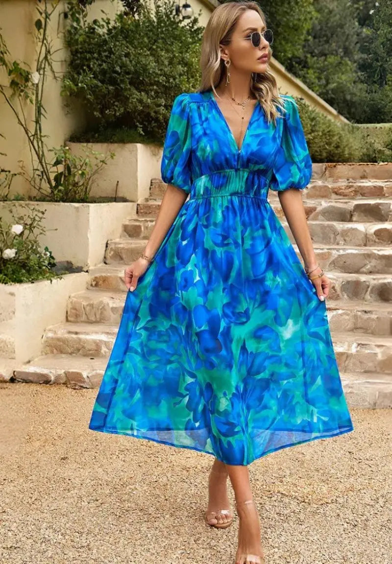 Midi Dress V-Neck Floral Print Short Sleeve Summer