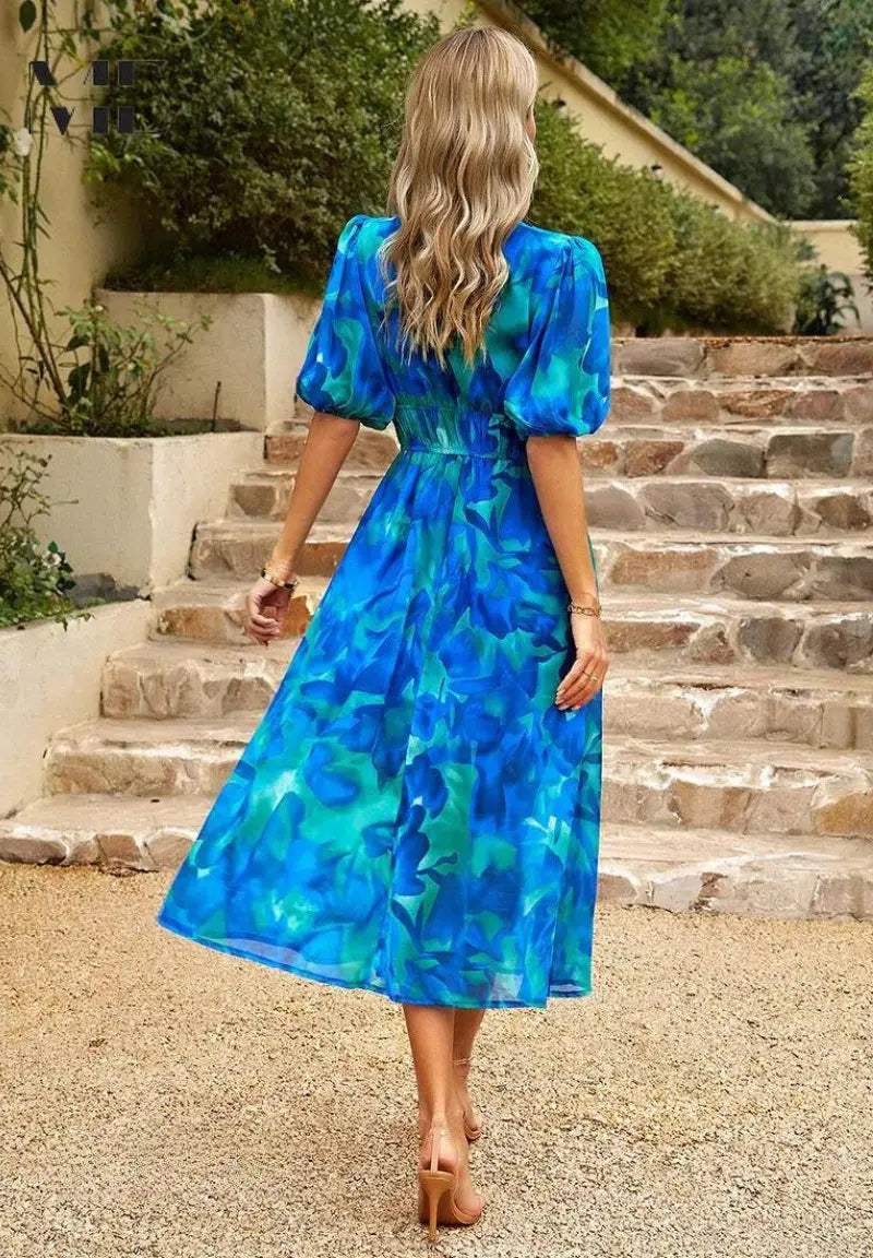 Midi Dress V-Neck Floral Print Short Sleeve Summer