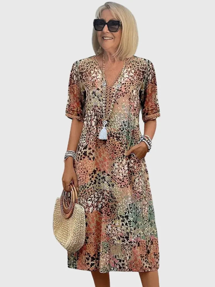Midi Dress V-Neck Mixed Print Half Sleeve Pockets - Sandy Beige (Almost sold out)
