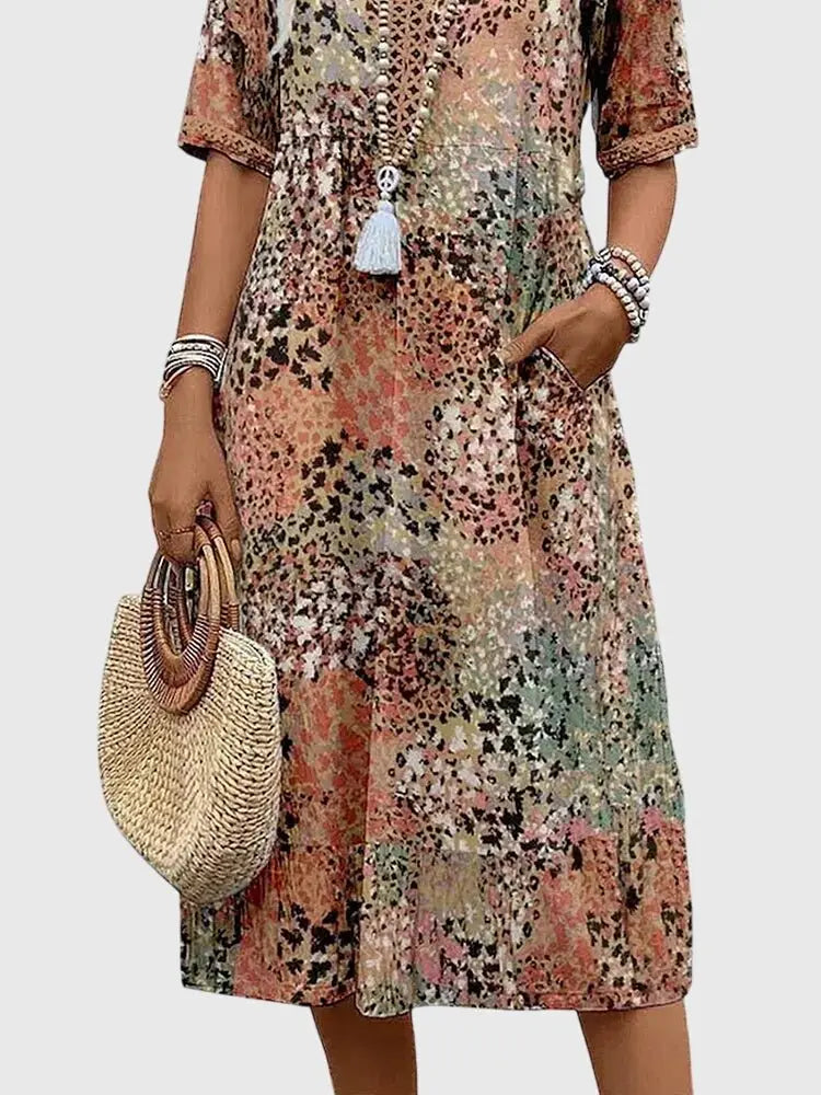 Midi Dress V-Neck Mixed Print Half Sleeve Pockets