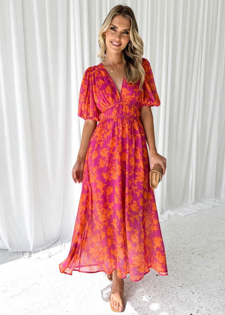 Midi Dress V-Neck Wrap Style Short Puff Sleeves - Orange