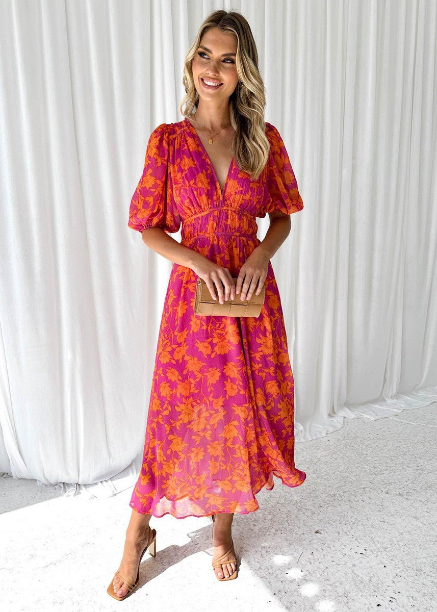 Midi Dress V-Neck Wrap Style Short Puff Sleeves