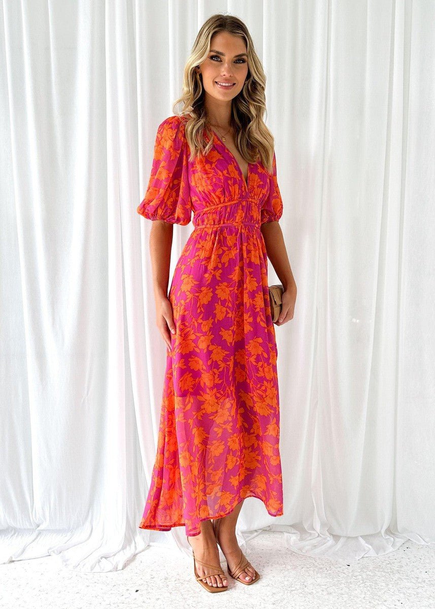 Midi Dress V-Neck Wrap Style Short Puff Sleeves