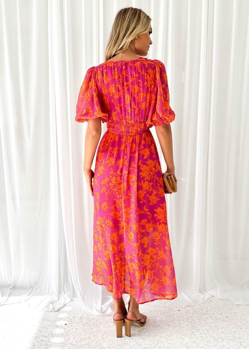 Midi Dress V-Neck Wrap Style Short Puff Sleeves