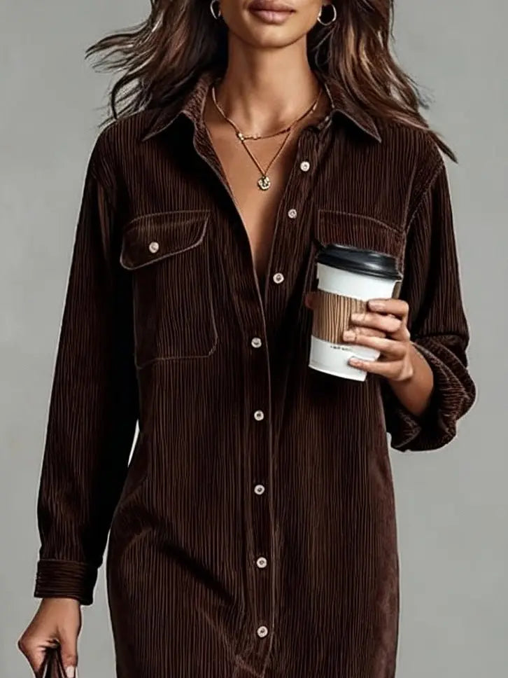 Midi Shirt Dress Corduroy Button Front Long Sleeve