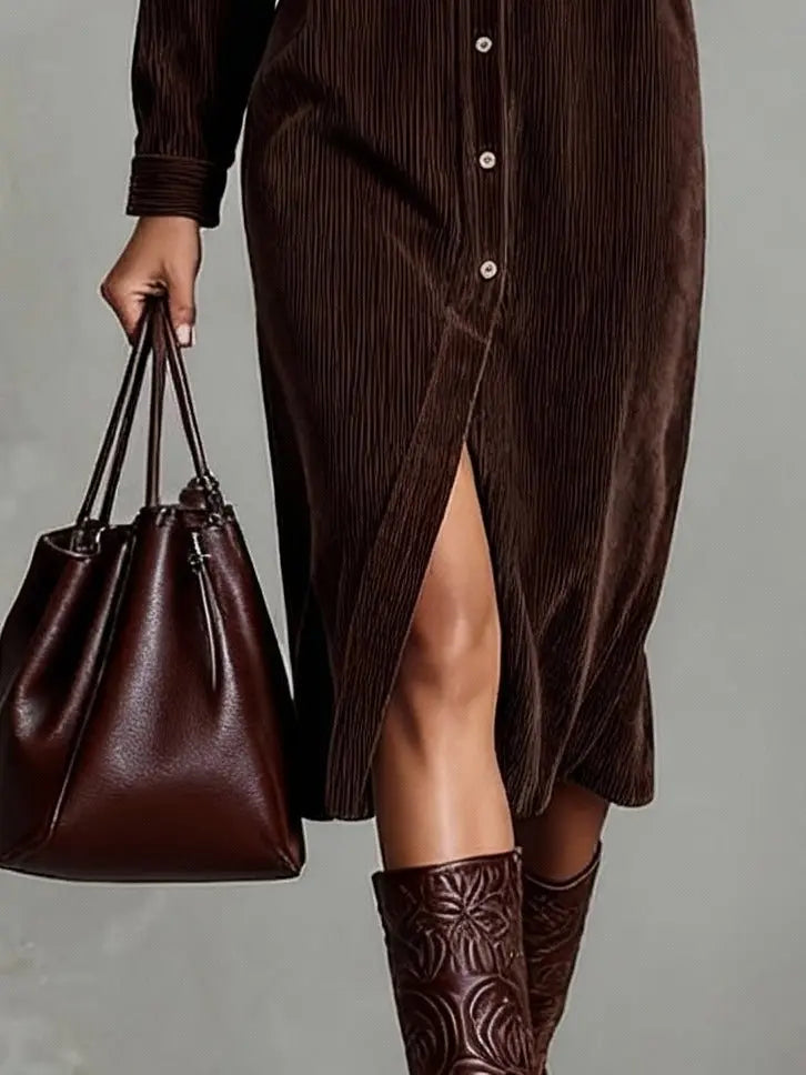 Midi Shirt Dress Corduroy Button Front Long Sleeve
