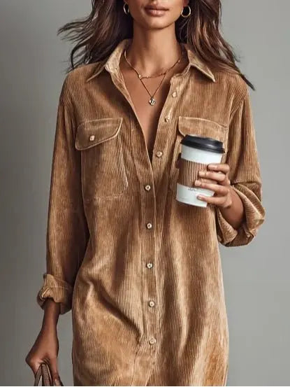 Midi Shirt Dress Corduroy Button Front Long Sleeve