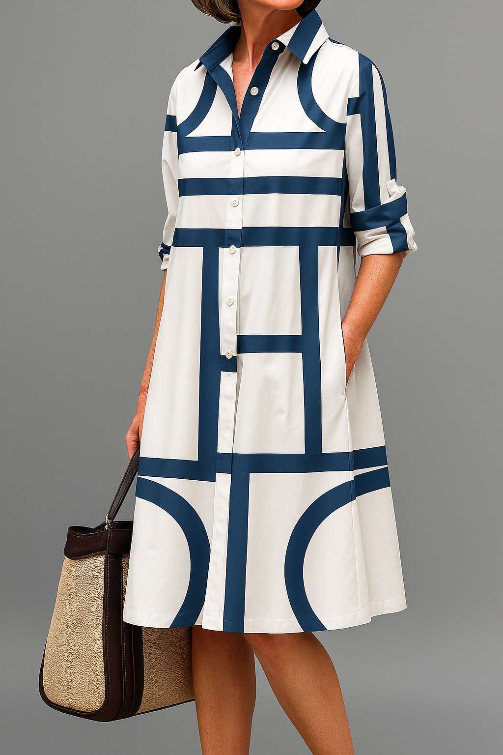 Midi Shirt Dress Geometric Print Button Front - White Blue