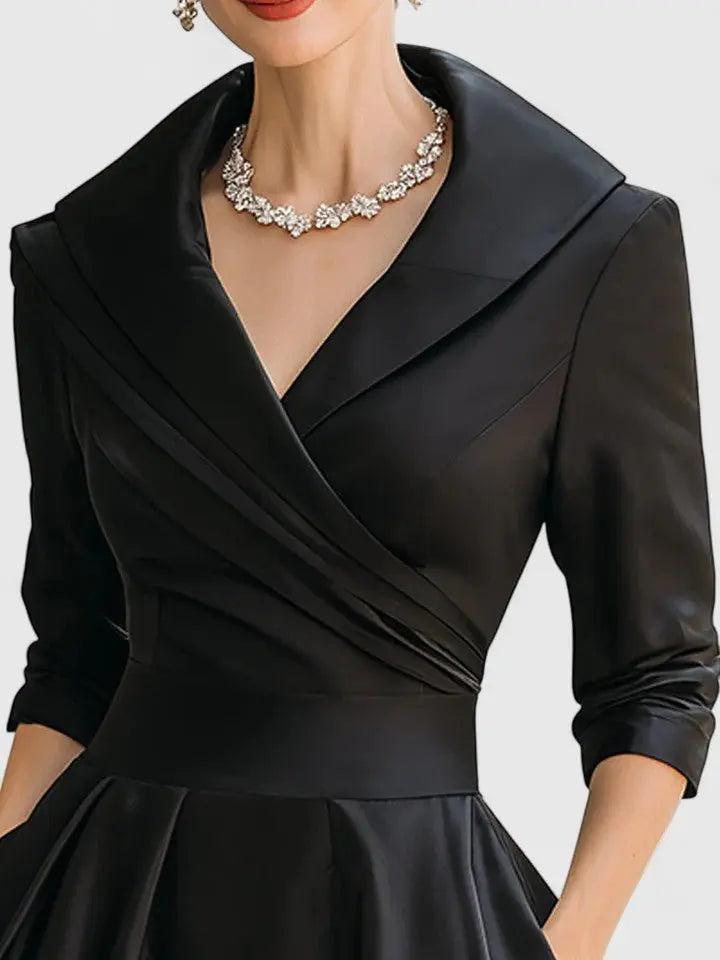 Midi Wrap Dress V-Neck 3/4 Sleeve Collared A-Line