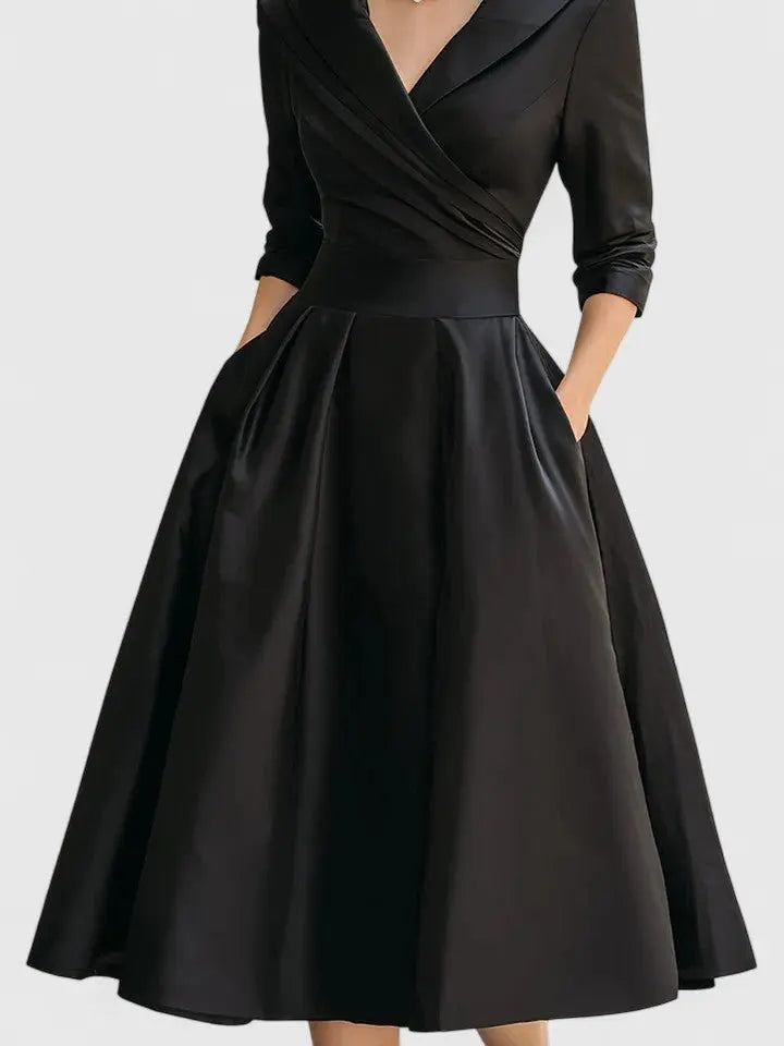 Midi Wrap Dress V-Neck 3/4 Sleeve Collared A-Line